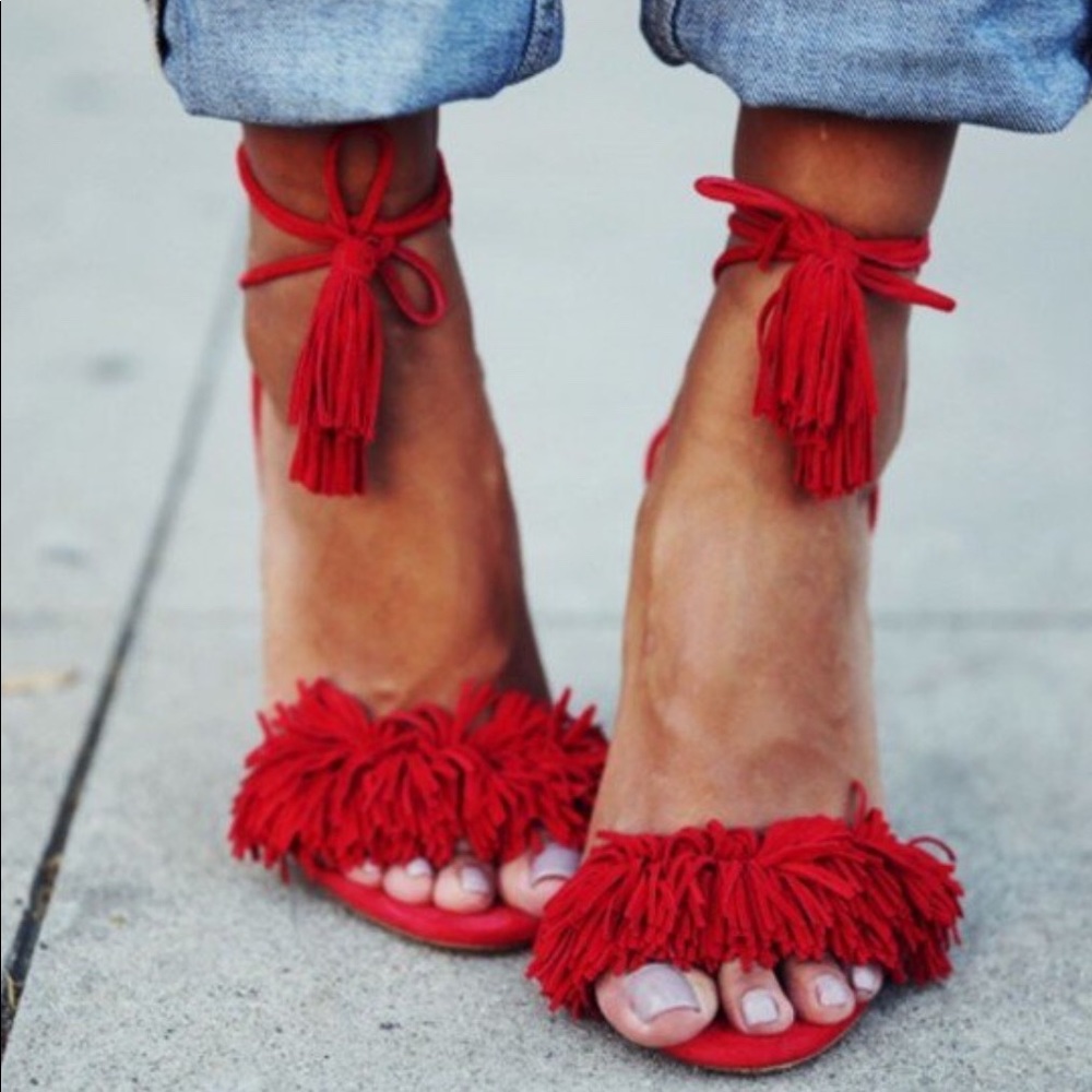 Red tassel wrap heels